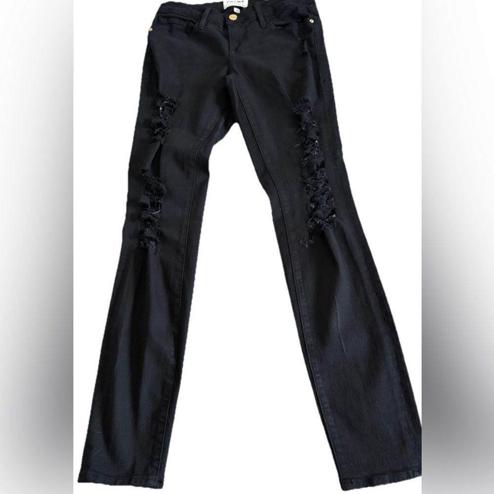FRAME LE SKINNY de JEANNE Film Noir Black Distressed Denim Jeans Size 26 27x29 - Picture 5 of 8